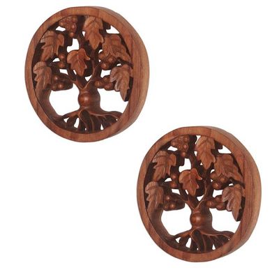 Alternate image for Tree-Themed Suar Wood Relief Panels Pair from Bali Berry Trees