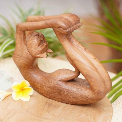 Primary image for Suar Wood Sculpture of a Cat in Dhanurasana Yoga Pose Dhanurasana Kitty