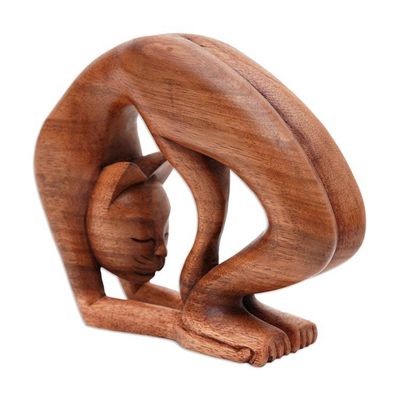 Alternate image for Hand-Carved Suar Wood Cat Yoga Pose Sculpture from Bali Setu Bandha Sirsasana Kitty