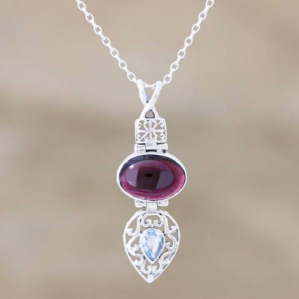 Alternate image for Garnet and Blue Topaz Sterling Silver Pendant Necklace Sparkling Radiance