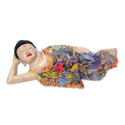 Alternate image for Balinese Hand Crafted Signed Wood Sculpture of Buddha Sleeping Balinese Buddha