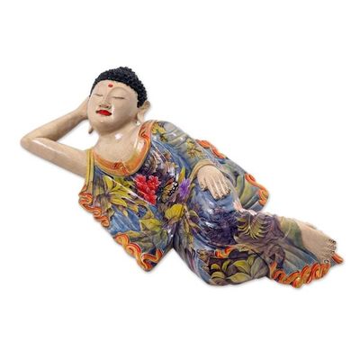 Alternate image for Balinese Hand Crafted Signed Wood Sculpture of Buddha Sleeping Balinese Buddha