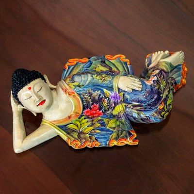 Alternate image for Balinese Hand Crafted Signed Wood Sculpture of Buddha Sleeping Balinese Buddha