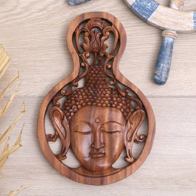 Alternate image for Hand-Carved Suar Wood Buddha Relief Panel with Lotus Flower Buddha Lotus