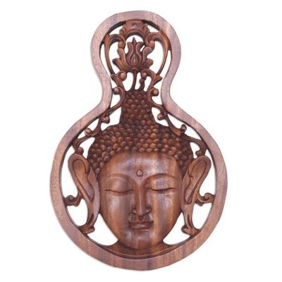 Alternate image for Hand-Carved Suar Wood Buddha Relief Panel with Lotus Flower Buddha Lotus