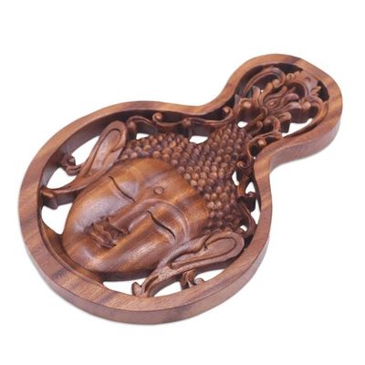 Alternate image for Hand-Carved Suar Wood Buddha Relief Panel with Lotus Flower Buddha Lotus