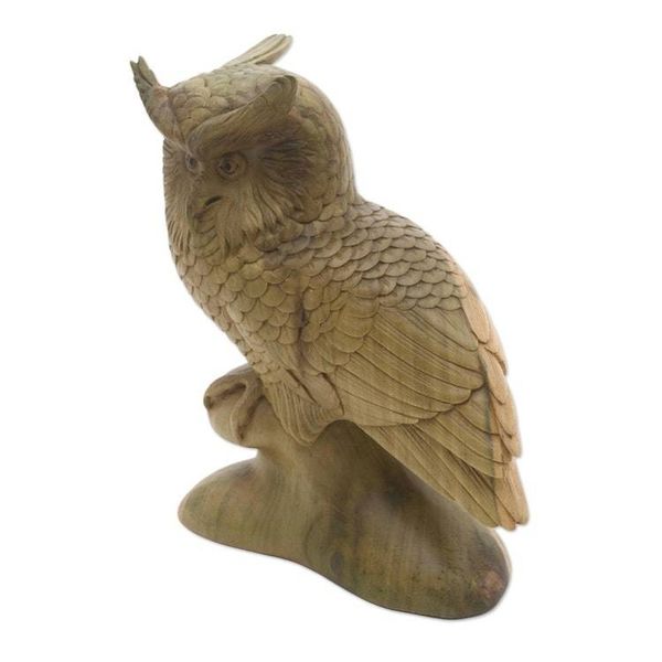 Alternate image for Hand-Carved Hibiscus Wood Sculpture of a Focused Owl Focused Owl