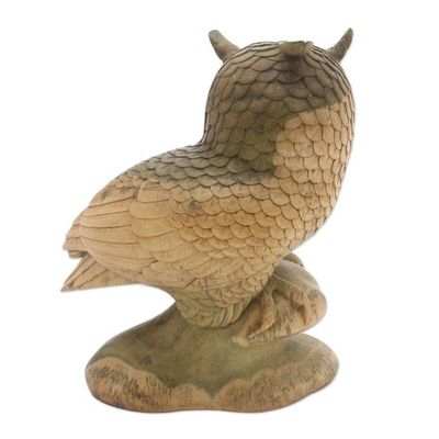 Alternate image for Hand-Carved Hibiscus Wood Sculpture of a Focused Owl Focused Owl