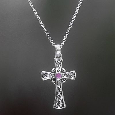 Primary image for Sterling Silver Amethyst Cross Pendant Necklace Indonesia In God We Trust