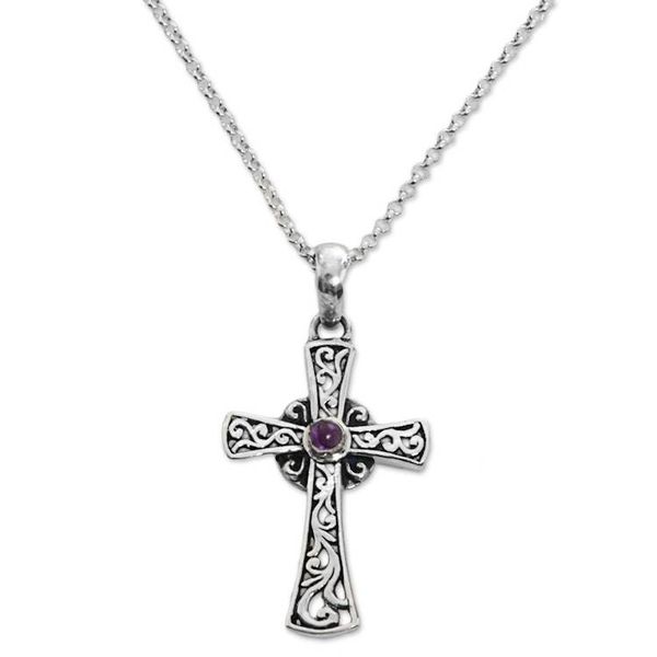 Alternate image for Sterling Silver Amethyst Cross Pendant Necklace Indonesia In God We Trust