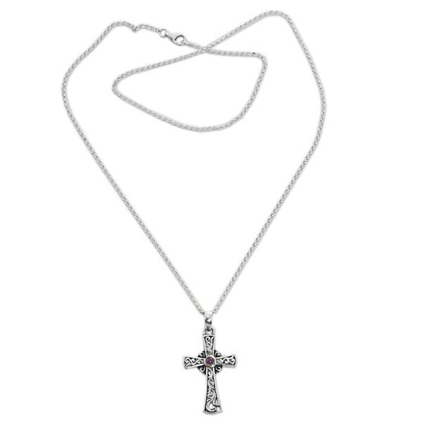 Alternate image for Sterling Silver Amethyst Cross Pendant Necklace Indonesia In God We Trust