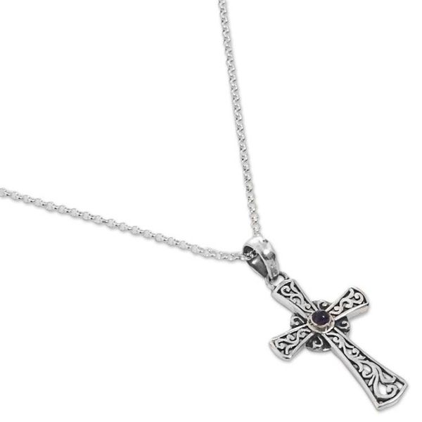 Alternate image for Sterling Silver Amethyst Cross Pendant Necklace Indonesia In God We Trust