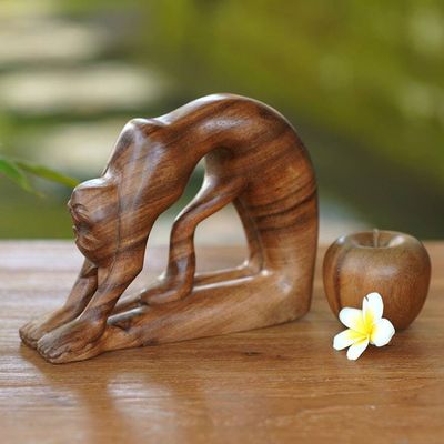 Alternate image for Suar Wood Sculpture of a Cat in Ustrasana Yoga Pose Ustrasana Kitty