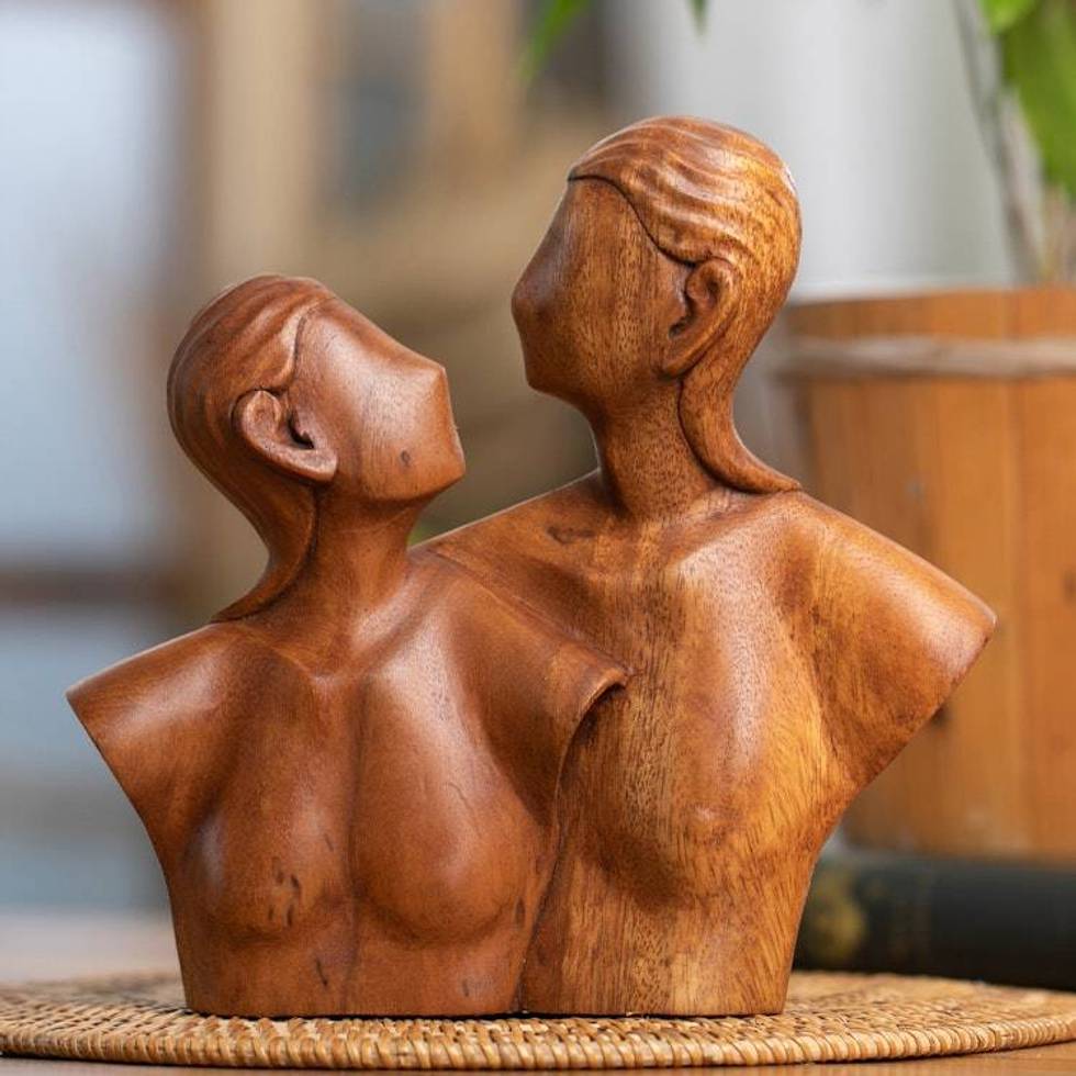 Classic Hand-Carved Suar Wood Sculpture of Couple 'Beside You'