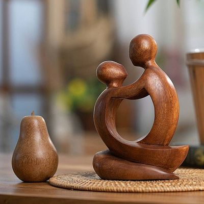 Alternate image for Minimalist Hand-Carved Father and Child Suar Wood Sculpture Time with Father