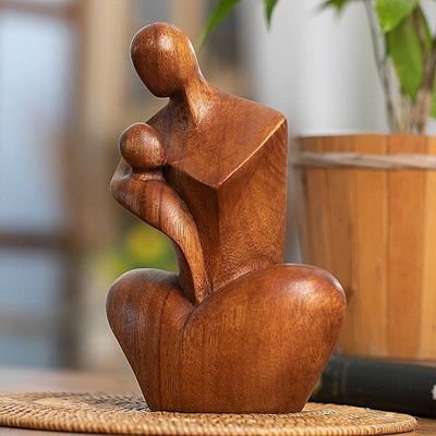 Alternate image for Semi-Abstract Handmade Father and Child Suar Wood Sculpture Hug my Heart