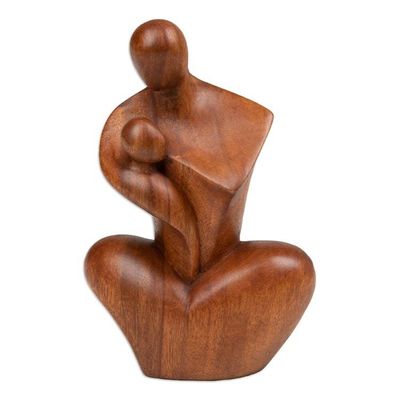 Alternate image for Semi-Abstract Handmade Father and Child Suar Wood Sculpture Hug my Heart