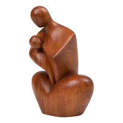 Alternate image for Semi-Abstract Handmade Father and Child Suar Wood Sculpture Hug my Heart