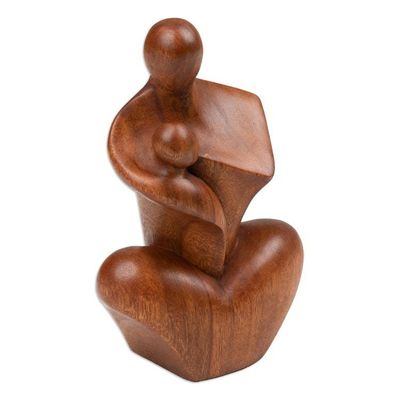 Alternate image for Semi-Abstract Handmade Father and Child Suar Wood Sculpture Hug my Heart