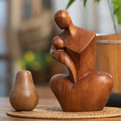 Alternate image for Semi-Abstract Handmade Father and Child Suar Wood Sculpture Hug my Heart