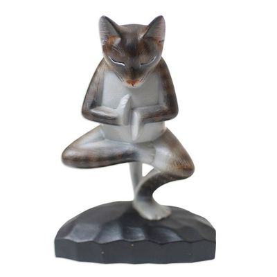 Alternate image for Wood Meditating Cat Sculpture in Grey and White from Bali Yoga Kitty in Grey