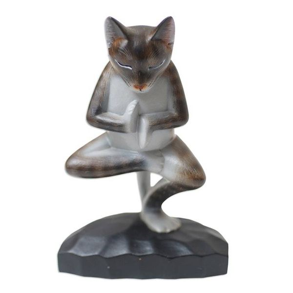 Alternate image for Wood Meditating Cat Sculpture in Grey and White from Bali Yoga Kitty in Grey