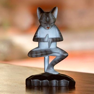 Alternate image for Wood Meditating Cat Sculpture in Grey and White from Bali Yoga Kitty in Grey