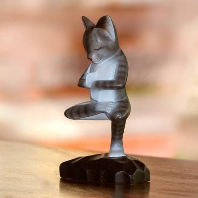 Alternate image for Wood Meditating Cat Sculpture in Grey and White from Bali Yoga Kitty in Grey