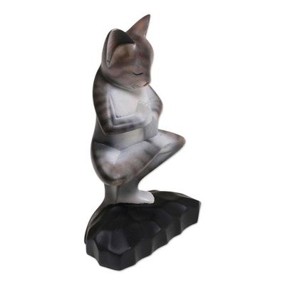 Alternate image for Wood Meditating Cat Sculpture in Grey and White from Bali Yoga Kitty in Grey