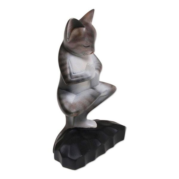 Alternate image for Wood Meditating Cat Sculpture in Grey and White from Bali Yoga Kitty in Grey