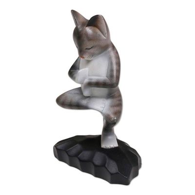 Alternate image for Wood Meditating Cat Sculpture in Grey and White from Bali Yoga Kitty in Grey