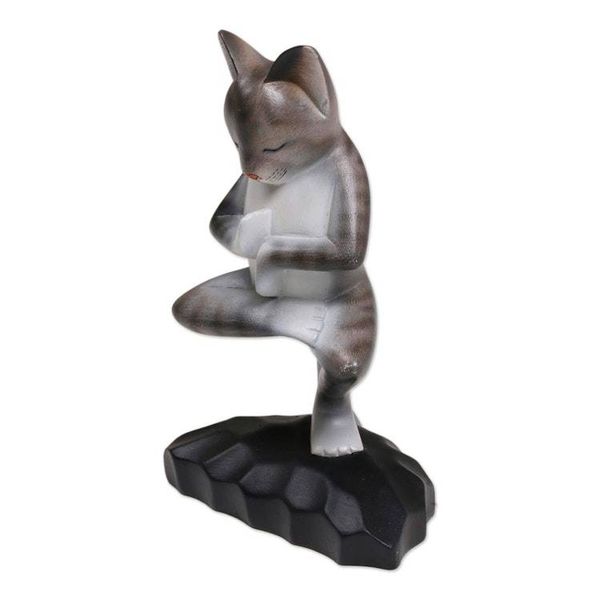 Alternate image for Wood Meditating Cat Sculpture in Grey and White from Bali Yoga Kitty in Grey