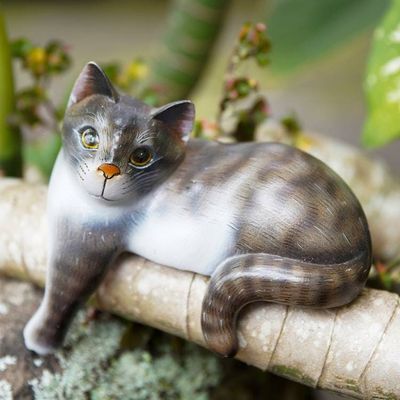 Alternate image for Painted Suar Wood Sculpture of a Grey Cat from Bali Watchful Grey Cat