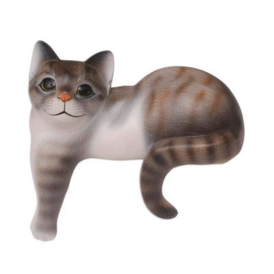 Alternate image for Painted Suar Wood Sculpture of a Grey Cat from Bali Watchful Grey Cat