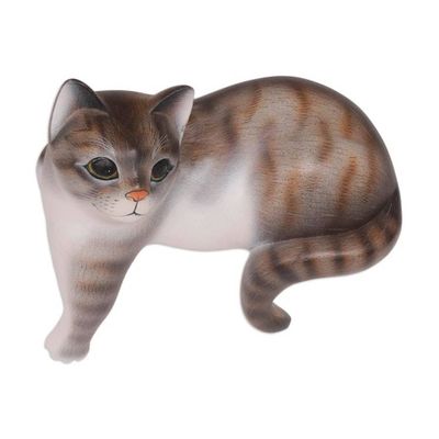 Alternate image for Painted Suar Wood Sculpture of a Grey Cat from Bali Watchful Grey Cat