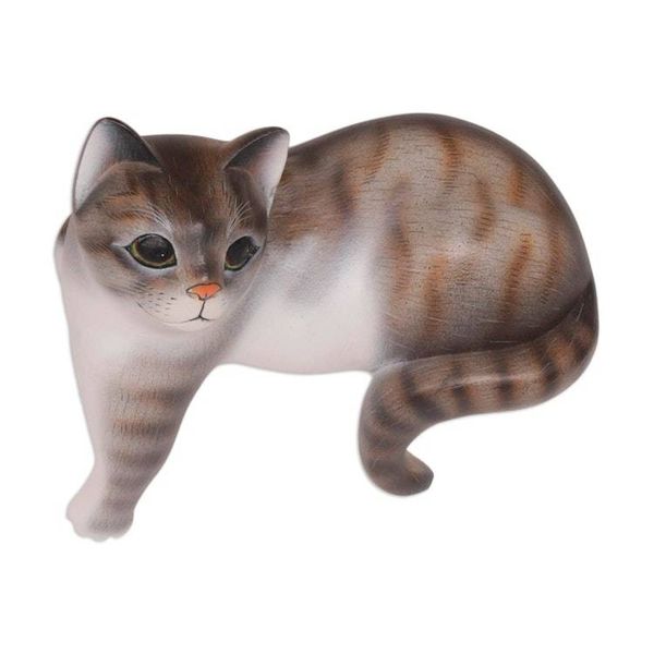 Alternate image for Painted Suar Wood Sculpture of a Grey Cat from Bali Watchful Grey Cat