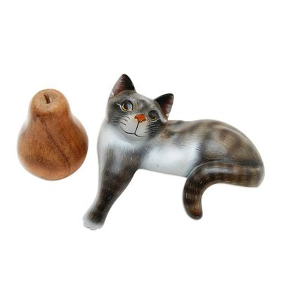 Alternate image for Painted Suar Wood Sculpture of a Grey Cat from Bali Watchful Grey Cat