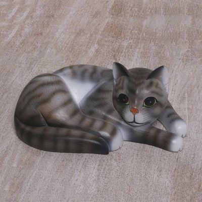Alternate image for Painted Suar Wood Sculpture of a Lounging Cat from Bali Adorable Grey Cat