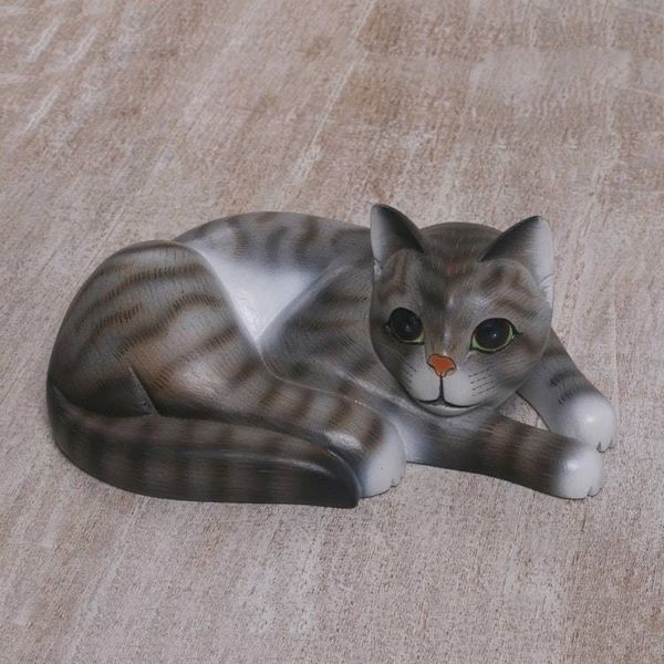 Alternate image for Painted Suar Wood Sculpture of a Lounging Cat from Bali Adorable Grey Cat