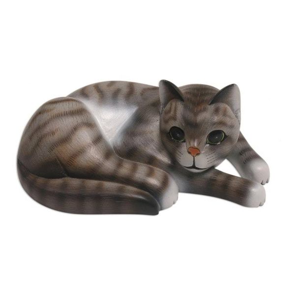 Alternate image for Painted Suar Wood Sculpture of a Lounging Cat from Bali Adorable Grey Cat