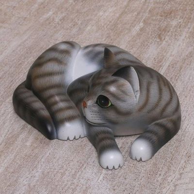 Alternate image for Painted Suar Wood Sculpture of a Lounging Cat from Bali Adorable Grey Cat