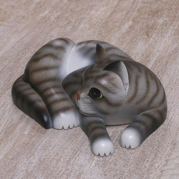 Alternate image for Painted Suar Wood Sculpture of a Lounging Cat from Bali Adorable Grey Cat