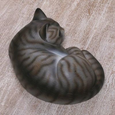 Alternate image for Painted Suar Wood Sculpture of a Lounging Cat from Bali Adorable Grey Cat