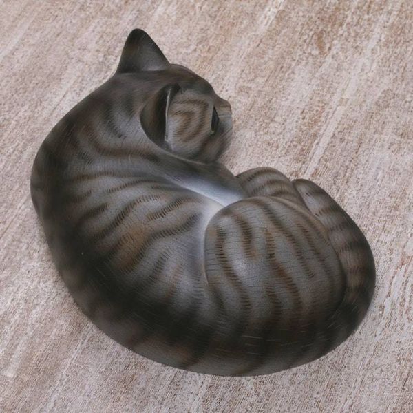 Alternate image for Painted Suar Wood Sculpture of a Lounging Cat from Bali Adorable Grey Cat