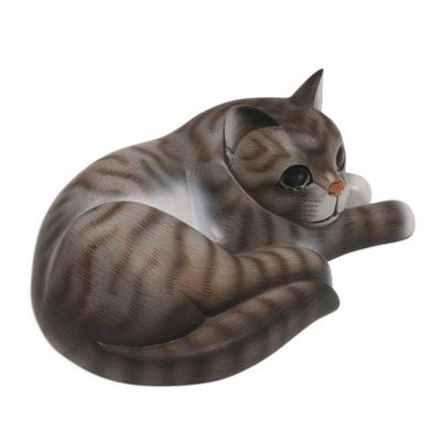 Alternate image for Painted Suar Wood Sculpture of a Lounging Cat from Bali Adorable Grey Cat