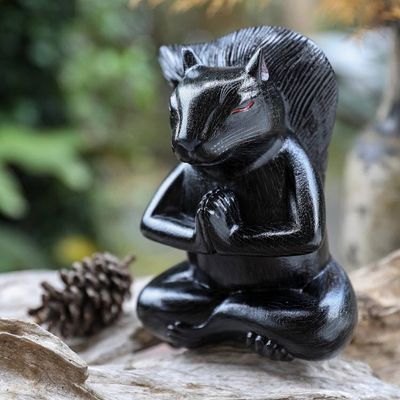 Alternate image for Handcrafted Black Suar Wood Squirrel Statuette from Bali Prudent Apprentice at Night