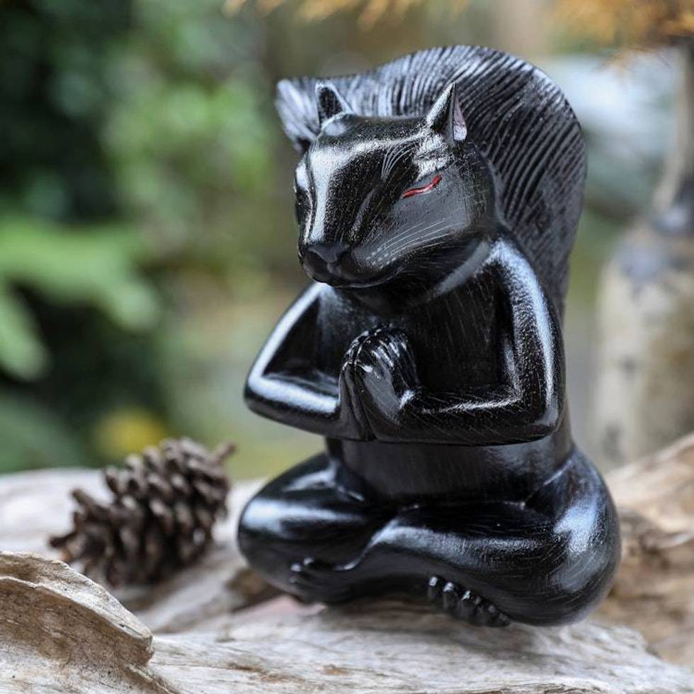 Handcrafted Black Suar Wood Squirrel Statuette from Bali 'Prudent Apprentice at Night'