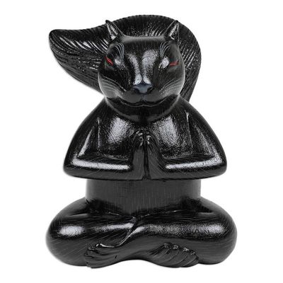 Alternate image for Handcrafted Black Suar Wood Squirrel Statuette from Bali Prudent Apprentice at Night