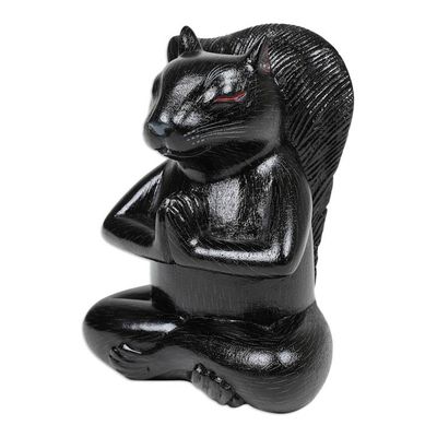 Alternate image for Handcrafted Black Suar Wood Squirrel Statuette from Bali Prudent Apprentice at Night