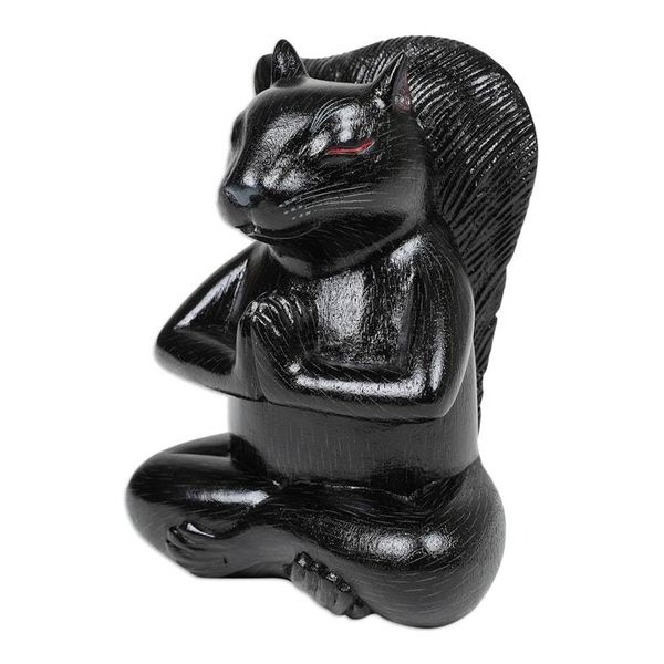 Alternate image for Handcrafted Black Suar Wood Squirrel Statuette from Bali Prudent Apprentice at Night